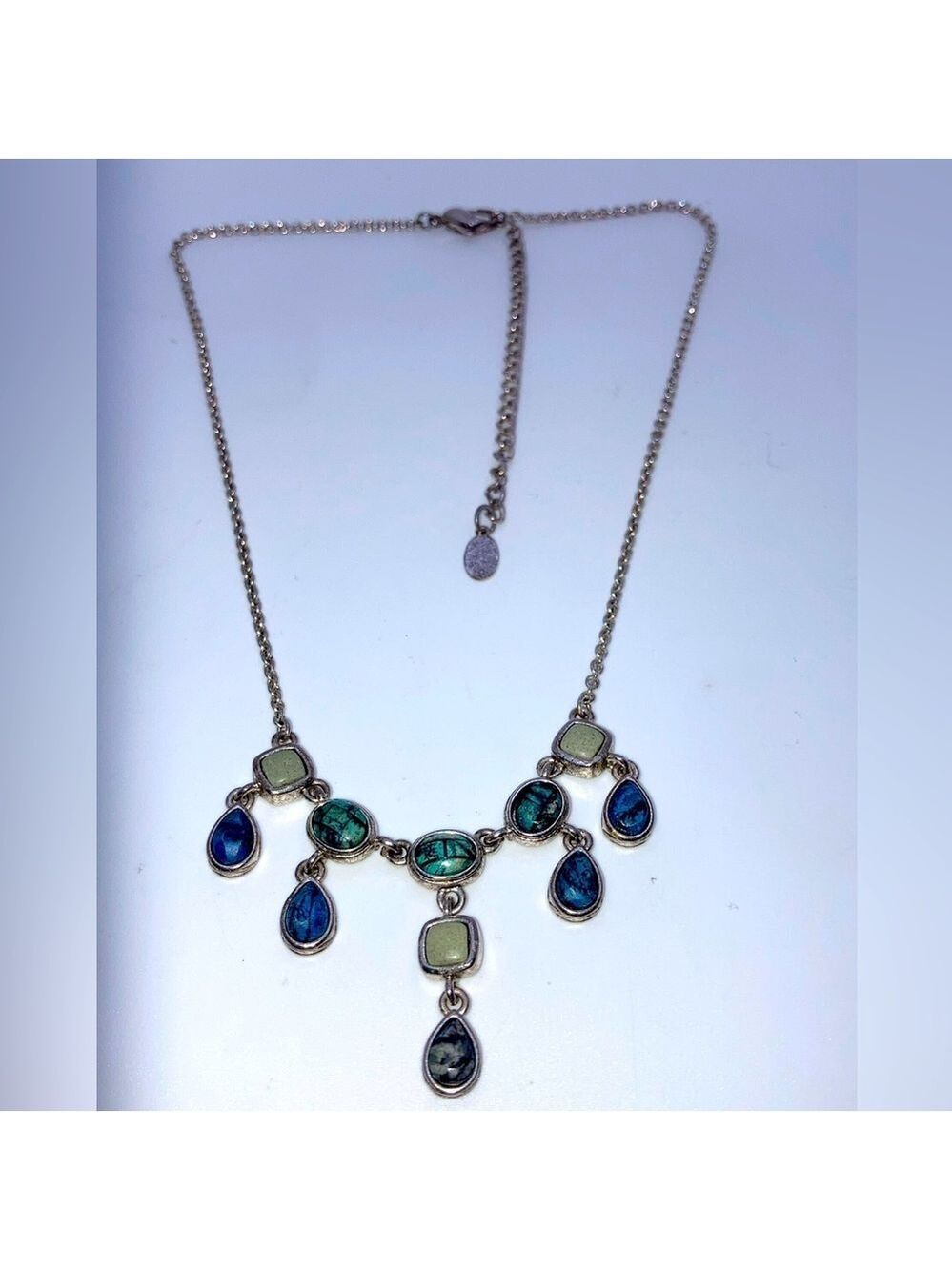 LC Liz Claiborne Silver Tone & Blue Green Stone Egyptian Necklace 17” + 3.5” Ext